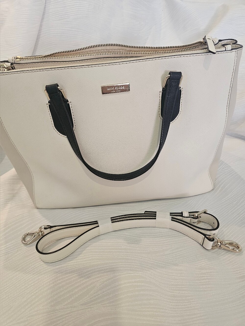 kate spade Laurel Way Leighann Cream Leather Tote with Black Handles